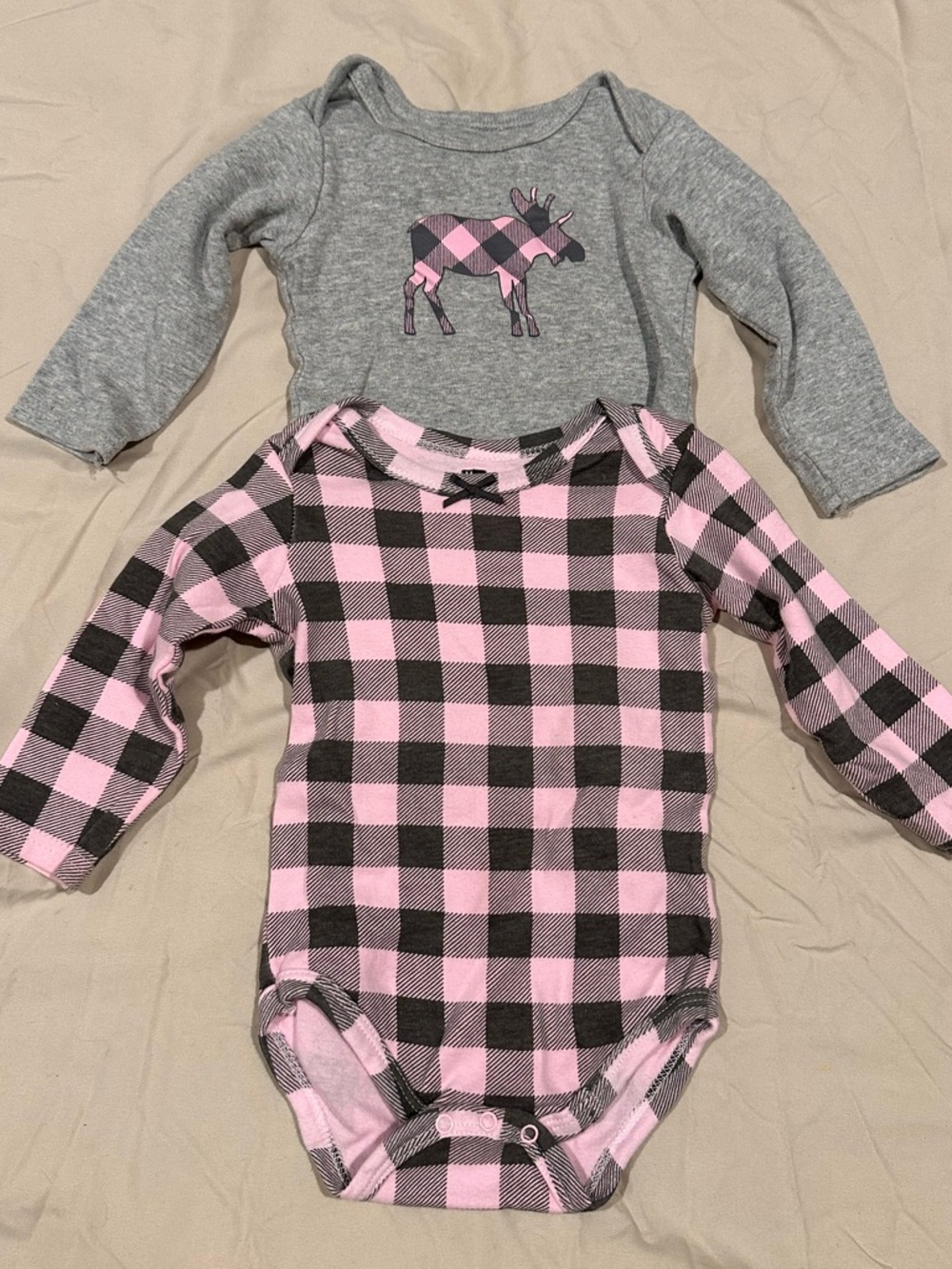 Pink & Gray Buffalo Plaid Long-Sleeve One-Piece Set